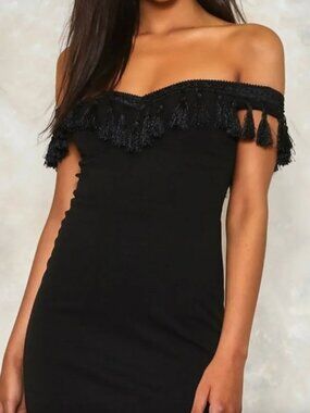 NWT Vera & Lucy Black Fringe Off Shoulder Bodycon Cocktail Dress Size Small